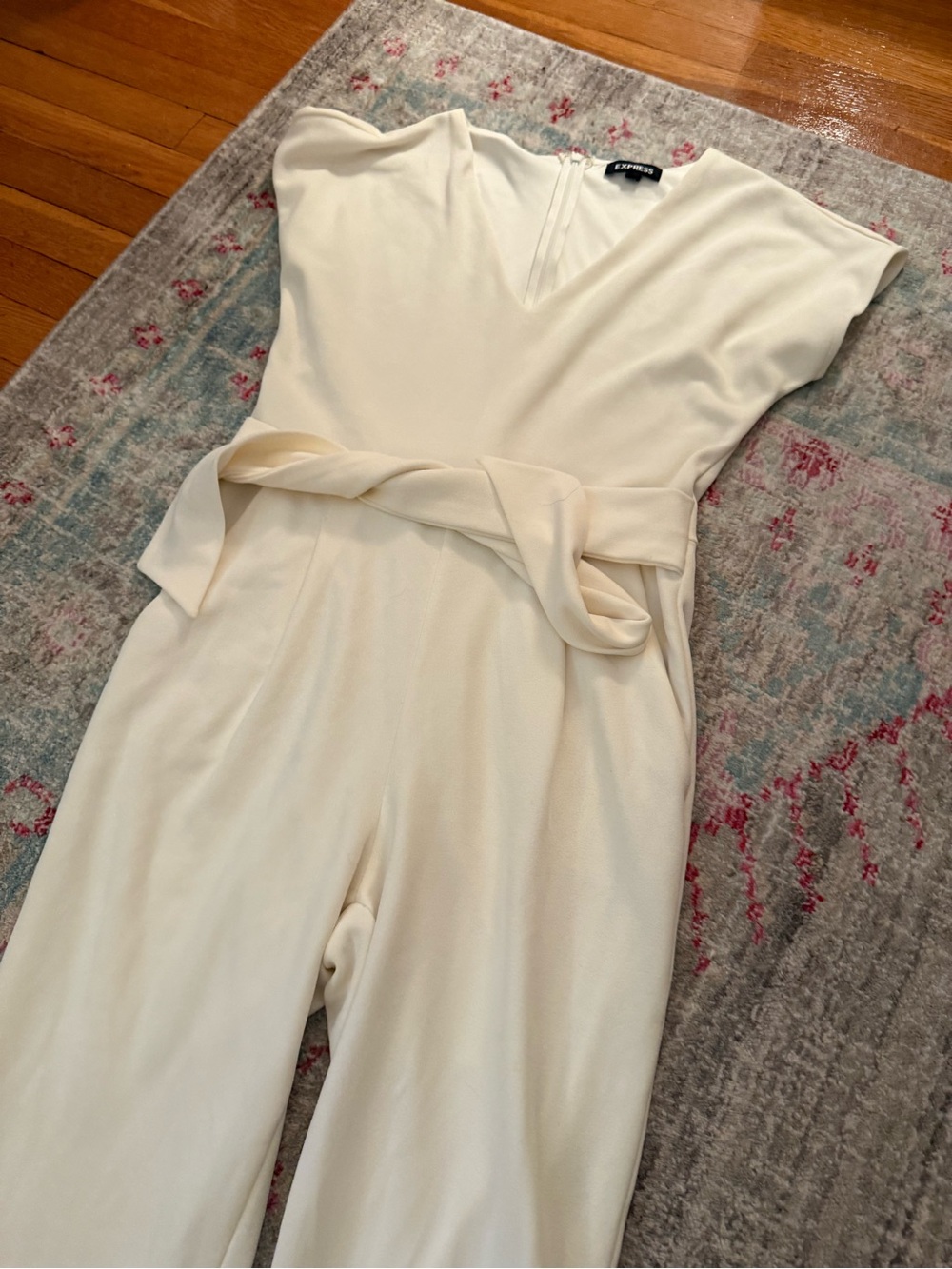 Express V-Neck Tie Waist Straight Leg Jumpsuit with Pockets-White - Picture 12 of 14